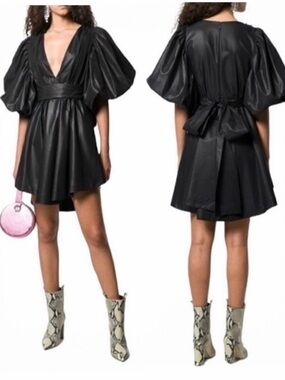 MSGM Satin High Shine Faux Wrap Asymmetrical  Puff Sleeve Bow Tie Mini Dress NEW